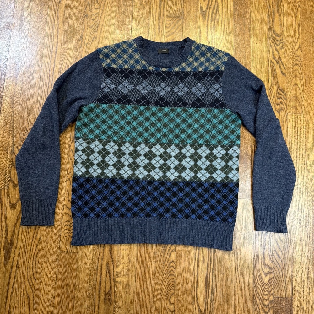 J Crew 100% LambsWool Crewneck Sweater Men's Medium Blue Argyle Diamond Preppy - Picture 2 of 10